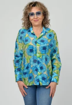 Camasa vaporoasa oversize, cu imprimeu floral albastru cu verde imagine