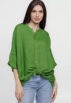 Camasa verde olive, din in, cu guler tunica si nod in fata imagine