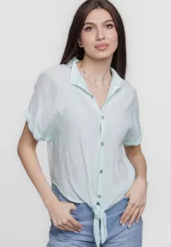 Camasa verde pastel din vascoza creponata, cu guler tunica si nod in fata imagine