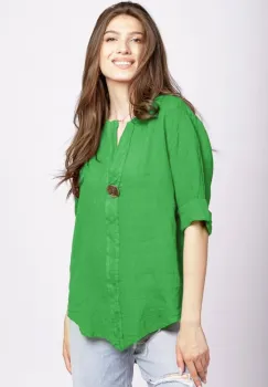 Camasa verde prazuliu din in cu nasture metalic decorativ imagine