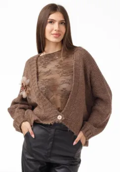 Cardigan dama cu lana si mohair, cu brosa decorativa ,    pulover lejer chic maro imagine