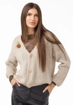 Cardigan dama cu lana si mohair, cu brose decorative ,   pulover casual chic bej deschis imagine