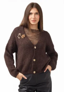 Cardigan dama cu lana si mohair, cu brose decorative ,   pulover casual chic maro imagine