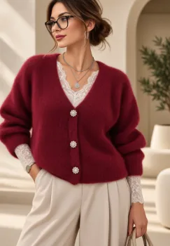 Cardigan dama cu lana si mohair, cu nasturi decorativi ,   pulover casual chic bordo imagine