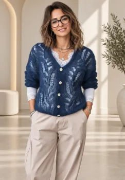 Cardigan dantelat cu mohair, cu model foarte fin  ,   pulover casual chic bleumarin imagine