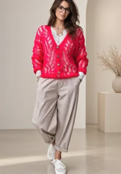 Cardigan dantelat cu mohair, cu model foarte fin  ,   pulover casual chic rosu carmin imagine