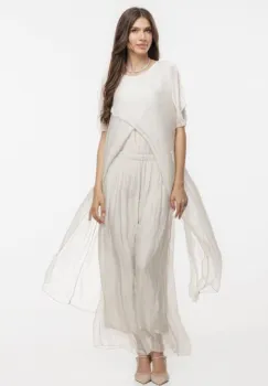 Compleu cu pantaloni lejeri si bluza fluida in colturi lungi, din matase naturala, bej imagine
