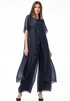 Compleu cu pantaloni lejeri si bluza fluida in colturi lungi, din matase si vascoza, bleumarin imagine