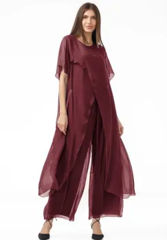 Compleu cu pantaloni lejeri si bluza fluida in colturi lungi, din matase si vascoza, bordo imagine
