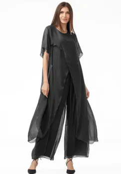 Compleu cu pantaloni lejeri si bluza fluida in colturi lungi, din matase si vascoza, gri inchis imagine