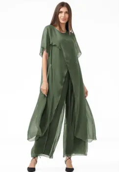 Compleu cu pantaloni lejeri si bluza fluida in colturi lungi, din matase si vascoza, kaki imagine