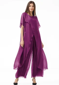 Compleu cu pantaloni lejeri si bluza fluida in colturi lungi, din matase si vascoza, mov zmeura imagine