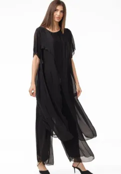 Compleu cu pantaloni lejeri si bluza fluida in colturi lungi, din matase si vascoza, negru imagine