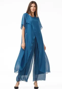 Compleu cu pantaloni lejeri si bluza fluida in colturi lungi, din matase si vascoza, turcoaz inchis imagine