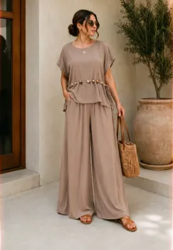 Compleu dama din vascoza cu pantaloni palazzo si bluza lejera cu margele, bej inchis imagine