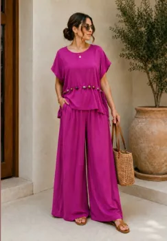 Compleu dama din vascoza cu pantaloni palazzo si bluza lejera cu margele, magenta imagine