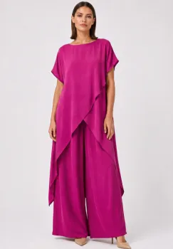Compleu dama elegant din vascoza cu tunica asimetrica si pantaloni palazzo, magenta imagine