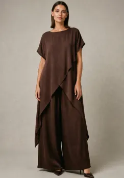 Compleu dama elegant din vascoza cu tunica asimetrica si pantaloni palazzo, maro imagine