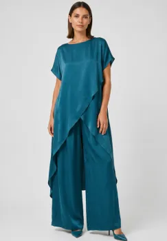 Compleu dama elegant din vascoza cu tunica asimetrica si pantaloni palazzo, turcoaz inchis imagine