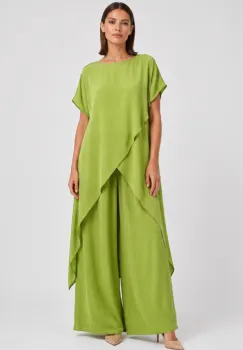 Compleu dama elegant din vascoza cu tunica asimetrica si pantaloni palazzo, verde olive imagine