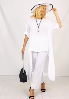 Compleu din in cu bluza tunica mai lunga in spate si pantaloni, alb imagine