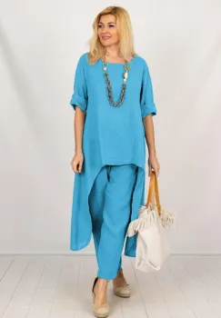 Compleu din in cu bluza tunica mai lunga in spate si pantaloni, albastru azur imagine
