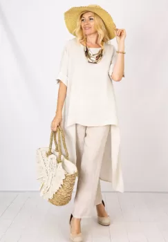 Compleu din in cu bluza tunica mai lunga in spate si pantaloni, bej imagine