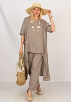 Compleu din in cu bluza tunica mai lunga in spate si pantaloni, bej inchis imagine