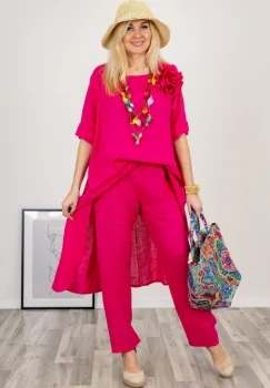 Compleu din in cu bluza tunica mai lunga in spate si pantaloni, fucsia imagine