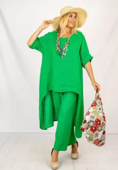 Compleu din in cu bluza tunica mai lunga in spate si pantaloni, verde deschis imagine