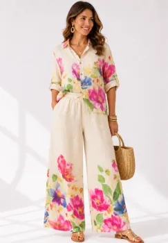 Compleu din in cu imprimeu floral acuarela, camasa lejera si pantaloni palazzo, bej imagine