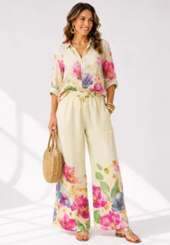 Compleu din in cu imprimeu floral acuarela, camasa lejera si pantaloni palazzo, galben pai imagine