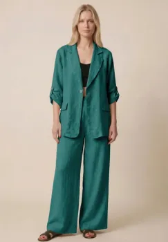 Compleu din in turcoaz inchis, sacou lejer si pantaloni largi, stil minimalist elegant imagine