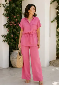 Compleu din vascoza cu pantaloni palazzo si bluza cu cordon, fucsia imagine