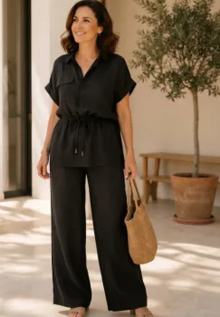 Compleu din vascoza cu pantaloni palazzo si bluza cu cordon, negru imagine