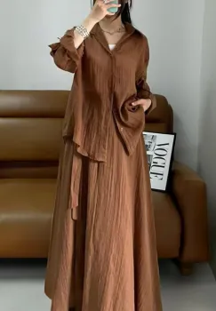 Compleu din vascoza si bumbac, creponate cu camasa si fusta petrecuta, camel imagine