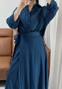 Compleu din vascoza si bumbac, creponate cu camasa si fusta petrecuta, turcoaz inchis imagine