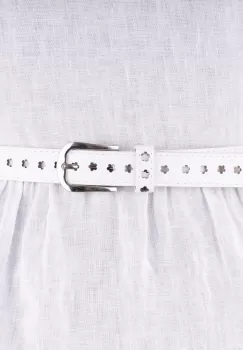 Curea alba de 2.5 cm cu flori decupate, din piele ecologica cu catarama metalica argintie imagine