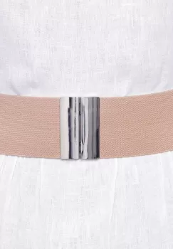 Curea bej 6 cm latime din material elastic, cu catarama argintie imagine