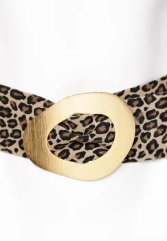 Curea bej cu imprimeu animal print din piele intoarsa naturala cu latime de 8 cm, catarama aurie neregulata imagine