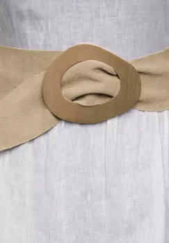 Curea bej din piele intoarsa naturala cu latime de 8 cm, catarama aurie neregulata imagine