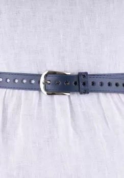 Curea bleumarin de 2.5 cm cu flori decupate, din piele ecologica cu catarama metalica argintie imagine