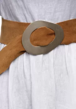 Curea camel din piele intoarsa naturala cu latime de 8 cm, catarama aurie neregulata imagine