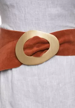 Curea coniac din piele intoarsa naturala cu latime de 8 cm, catarama aurie neregulata imagine