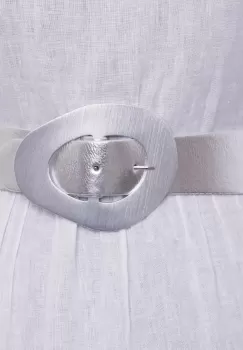 Curea din piele ecologica argintie cu catarama neregulata argintie si elastic cu lurex la spate imagine