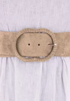 Curea din piele intoarsa ecologica cu catarama imbracata si elastic la spate, bej imagine