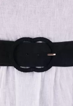 Curea din piele intoarsa ecologica cu catarama imbracata si elastic la spate, neagra imagine