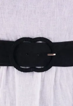 Curea din piele intoarsa ecologica cu catarama imbracata si elastic la spate, neagra imagine