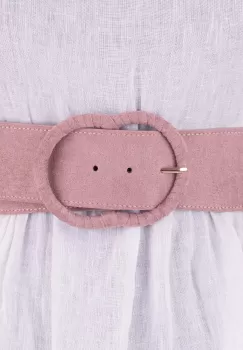 Curea din piele intoarsa ecologica cu catarama imbracata si elastic la spate, roz prafuit imagine