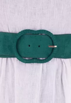 Curea din piele intoarsa ecologica cu catarama imbracata si elastic la spate, verde imagine